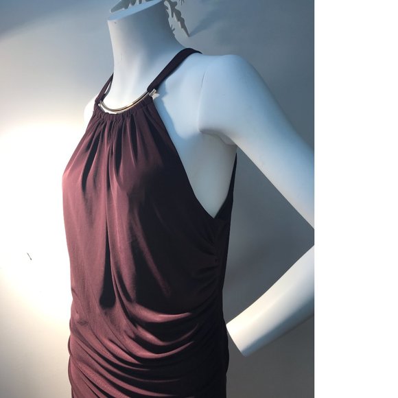 Le Chateau Dark Wine Red Gold Formal Cocktail Drape Halter Neck Bodycon … - Picture 4 of 6